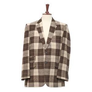 Mens Blazer Brown Ivory Plaid Check 100% Wool Dress Formal Jacket Sport Coat 44R